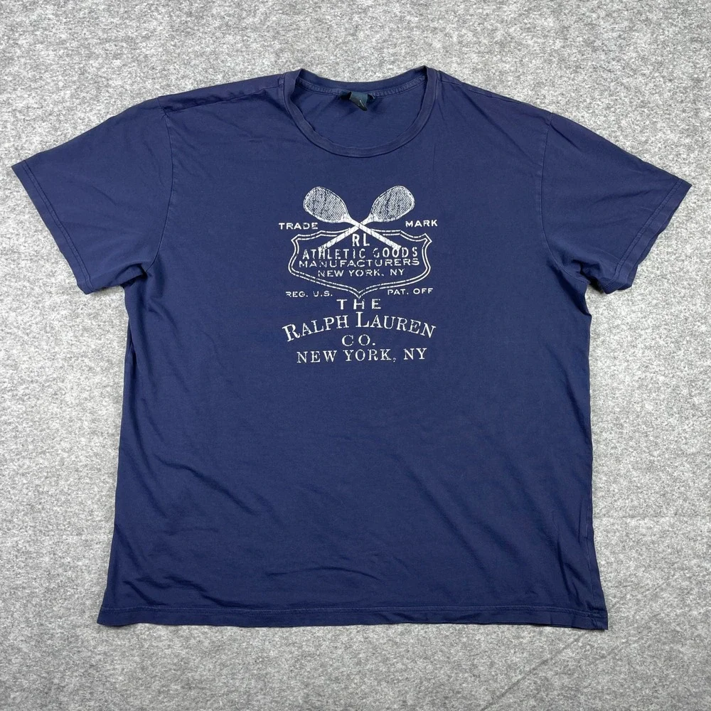 VTG Polo Ralph Lauren T Shirt Men XL Navy Blue Athletic Goods Tennis Racket 90s